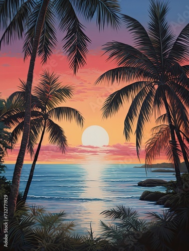 Silhouetted Palm Beaches  Twilight Ocean Scene Wall Art