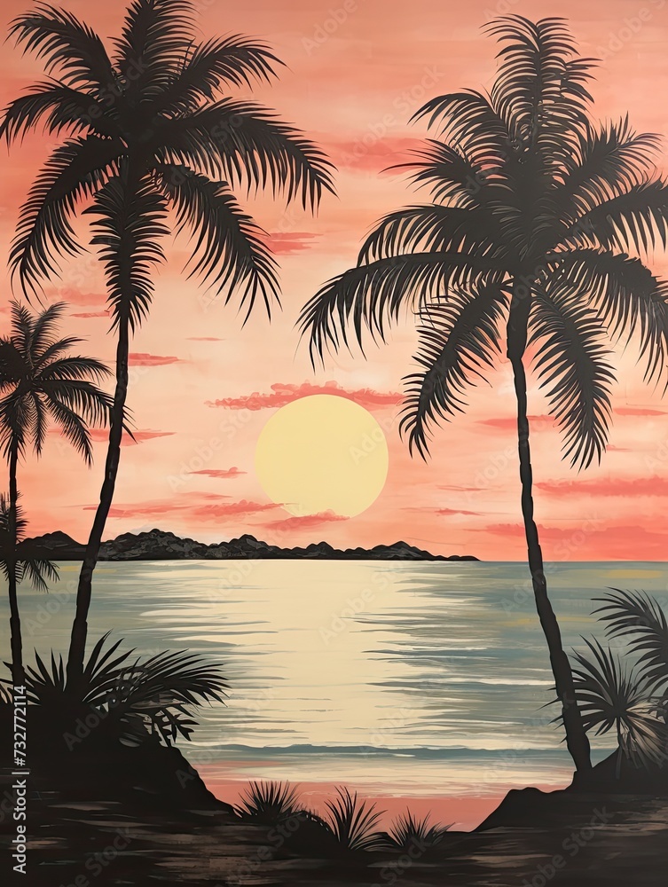 Silhouetted Palm Beaches Wall Art: Vintage Landscape, Beach Scene Painting