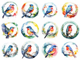 Splendid Watercolor Songbird Circle Birds Set in Vivid Hues with Abstract Colorful Backdrops Collection