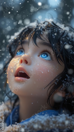 Close up portrait of a beautiful boy with blue eyes looking up at falling snowflakes. View from above. The first snow encounter.