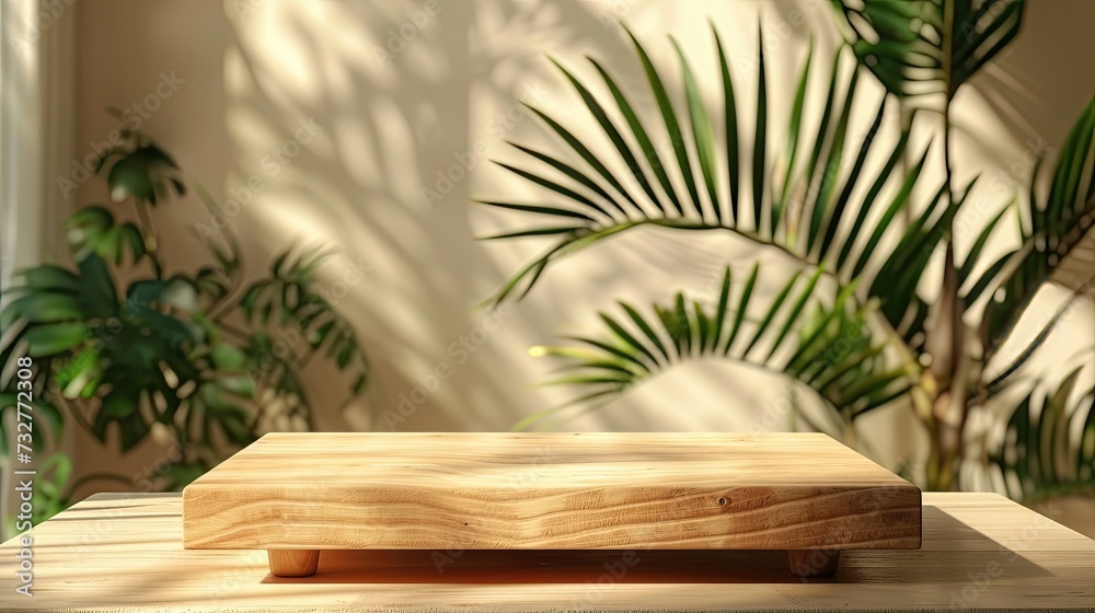 An elegant wooden platform in sunlight with tropical palm shadows in the background. An elegant wooden platform in sunlight with tropical palm shadows in the background.