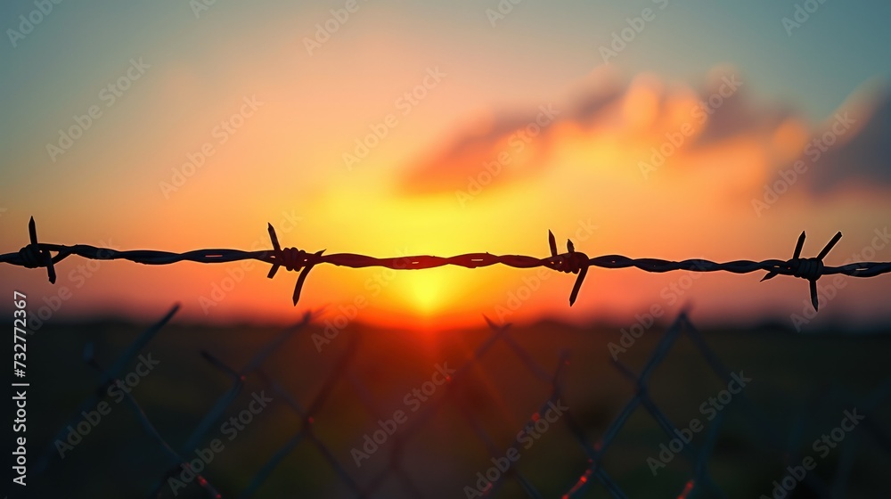 A line of barbed wire fencing, its silhouette crisp against the fading light of a setting sun. Generative AI. - obrazy, fototapety, plakaty 