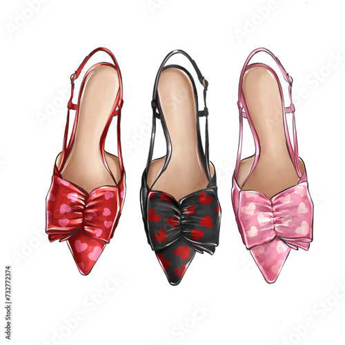 HAND DRAWN ILLUSTRATION OF VINTAGE VALENTINE SHOES IN RED , BLACK AND PINK