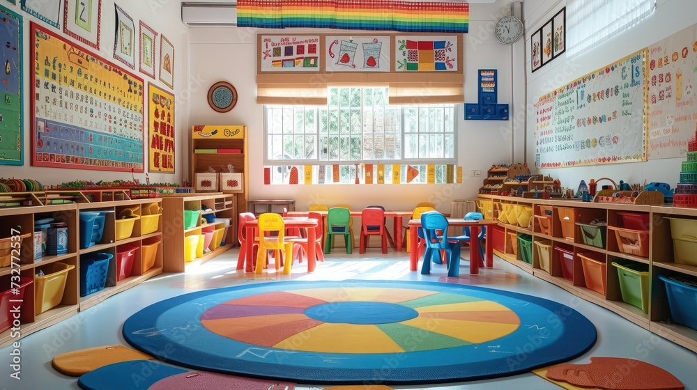 A kindergarten classroom, bursting with vibrant colors, white walls serving as a canvas for children's drawings. Generative AI.