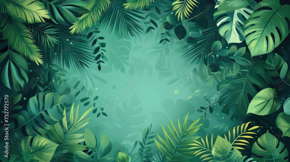 Lush green tropical foliage with a vibrant, refreshing background.