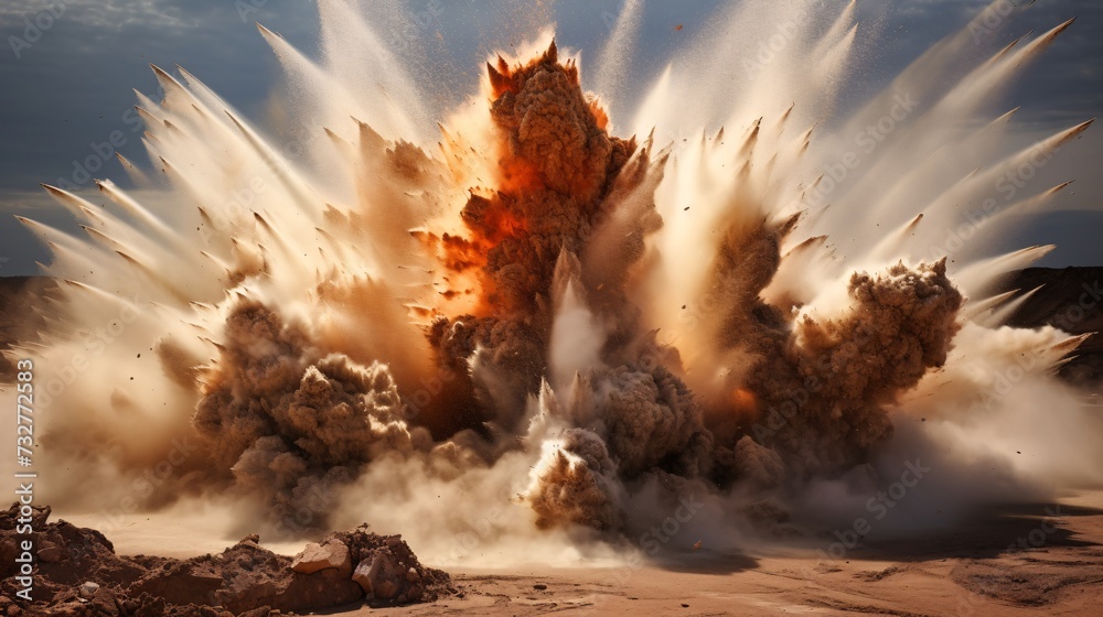 Fototapeta premium Explosion erupts, swirling sand and smoke. Dramatic background sky heightens the scene.