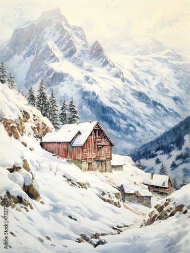Snow-Capped Alpine Lodges, Vintage Art Print: Nature Landscape for Winter Decor © Michael