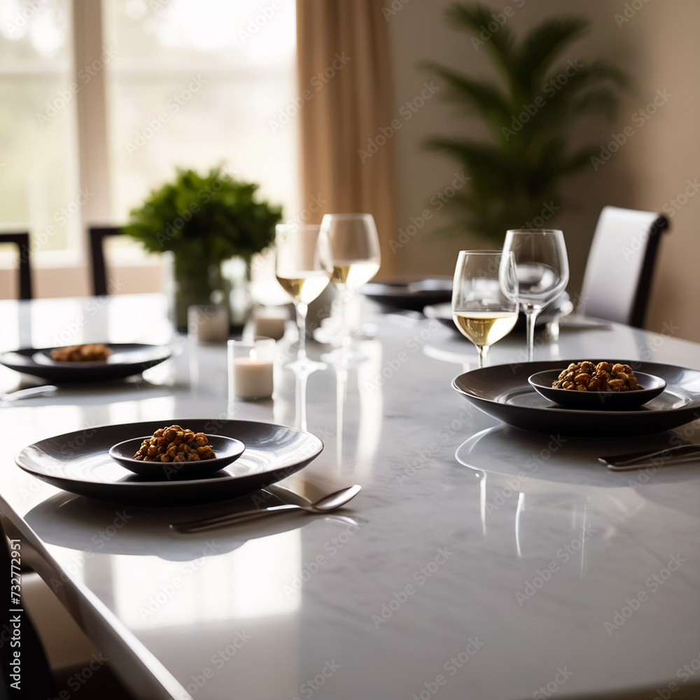 Dining table with plates and glasses. Generative AI Dining table with plates and glasses. Generative AI