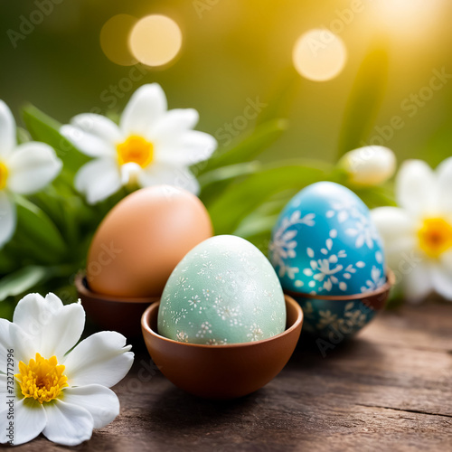 Easter composition with decorated eggs and flowers. Generative AI