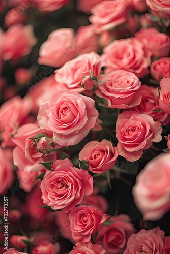 Soft focus on a dense cluster of delicate pink roses.