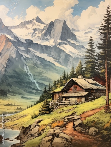 Snow-Capped Nature Print: Alpine Lodges, Vintage Art for Countryside Decor