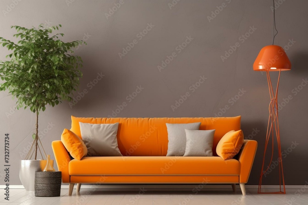 Bright and inviting space with an orange wall, gray sofa, vintage door, contemporary lamp, and a plant vase. Generative AI - obrazy, fototapety, plakaty 