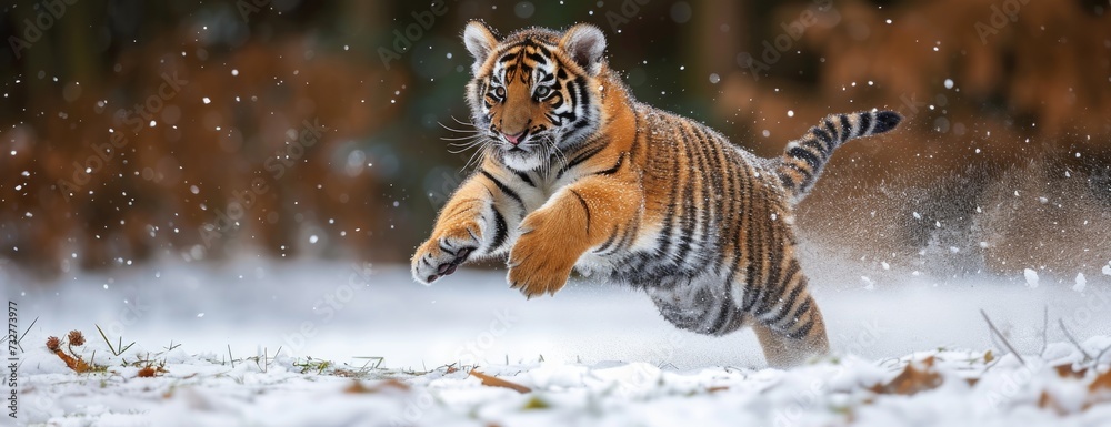 Fototapeta premium The Delightful Dash of a Tiger Cub Across a Snow-Covered Field, Embodying the Joy of Winter's Touch.