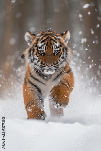 tiger cub running on the snow