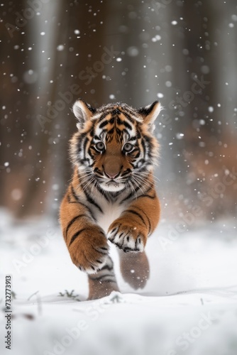 tiger cub running on the snow © Landscape Planet