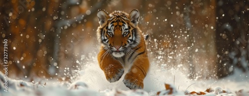 A Tiger Cub's Spirited Run, Its Coat Contrasting with the Snowy Terrain.