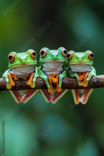three frogs sitting on a branch sitting on tree frog species crocodilis © Landscape Planet