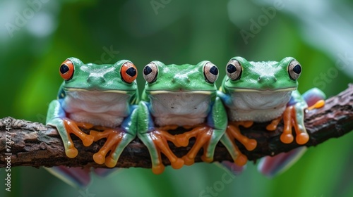 A Gathering of Three Tree Frogs, Perched in Harmony on Their Natural Perch. © Landscape Planet