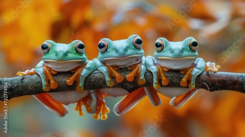 Three Tree Frogs Perfectly Poised on a Branch, a Symbol of Serene Coexistence in Nature.