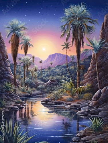 Starlit Desert Oasis Canvas Print - Night Desert Art  Twilight Scene Landscapes