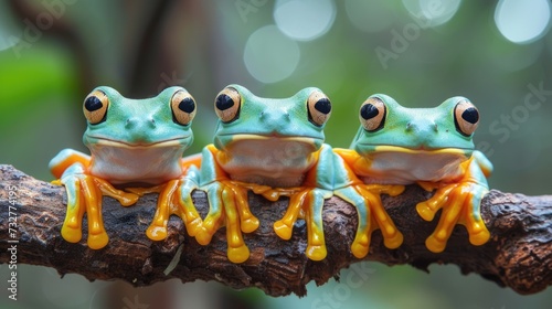 A Gathering of Three Tree Frogs, Perched in Harmony on Their Natural Perch. © Landscape Planet