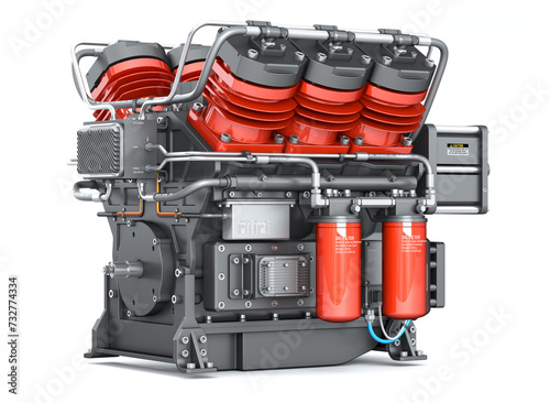 Fototapeta Naklejka Na Ścianę i Meble -  V6 diesel engine with red cylinders. Concept of a motor or compressor with equipment and tubes. 3d illustration