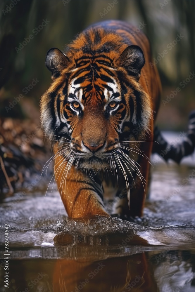 The Silent Steps of a Tiger in the Heart of the Forest, Traversing a Gentle Stream. The Silent Steps of a Tiger in the Heart of the Forest, Traversing a Gentle Stream.