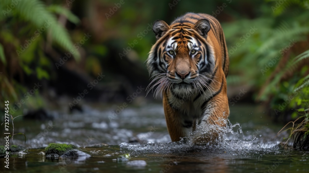 The Silent Steps of a Tiger in the Heart of the Forest, Traversing a Gentle Stream. The Silent Steps of a Tiger in the Heart of the Forest, Traversing a Gentle Stream.
