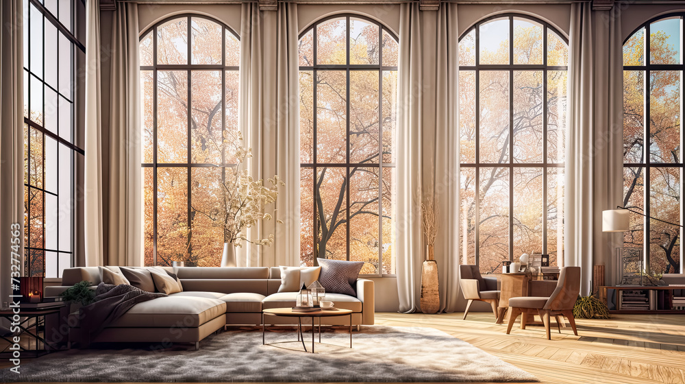 A modernized apartment adorned with large, bright windows A modernized apartment adorned with large, bright windows