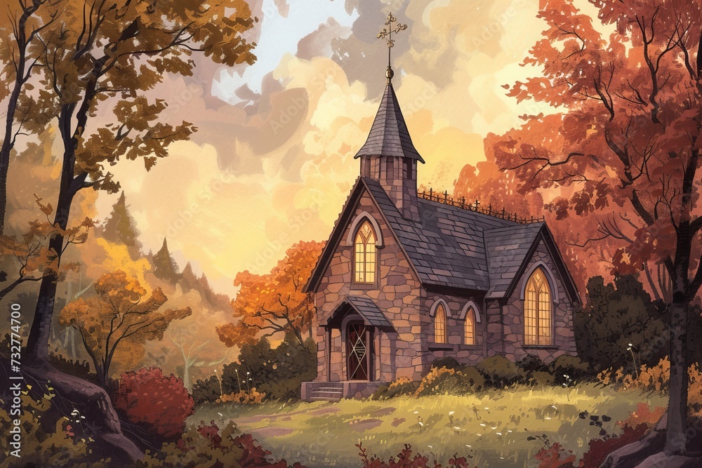 A Painting of a Church Surrounded by Trees