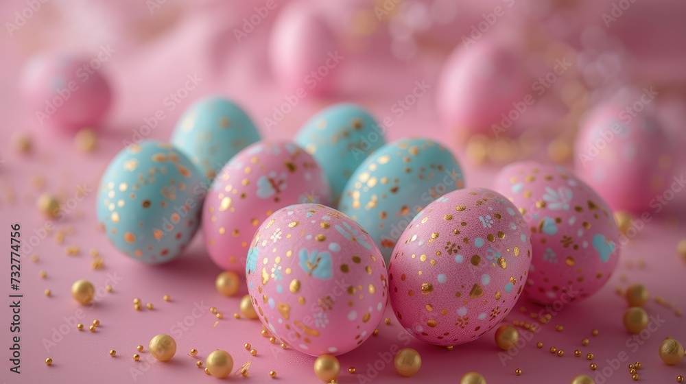 An arrangement of easter eggs on a pink background, in the style of light gold and sky-blue, dotted, confetti-like dots. Generative AI.