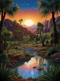 Starlit Desert Oasis Island Artwork: Twilight Landscape Print, Desert Night