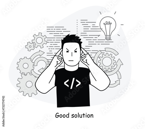 A man strenuously tries to solve a task or a problem, going over all possible options in his head. The business illustration is flat in style, meaning critical thinking and erudition.