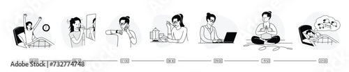 Daily routine.The daily activities of the average girl or woman during her workday, such as eating, working, resting, and sports. Flat illustration in a modern style.
