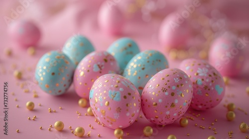 An arrangement of easter eggs on a pink background, in the style of light gold and sky-blue, dotted, confetti-like dots. Generative AI.