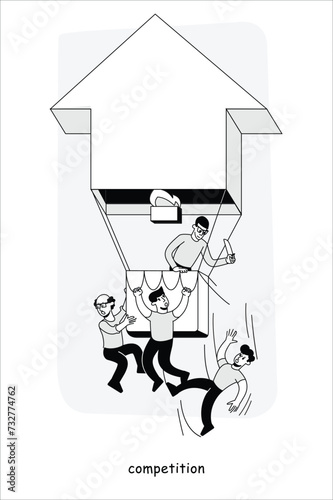 Competition. An office worker cynically throws his colleagues from a balloon. A metaphor for competition, methods to increase productivity and reduce costs. Illustration in a flat style