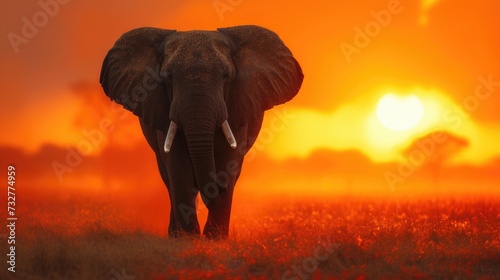 An Elephant Stands Majestically on the Landscape as Sunset Approaches  Bathing the Scene in Warm Light.