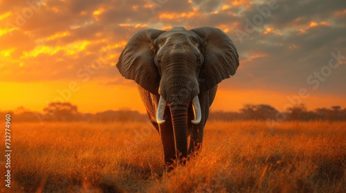 An Elephant Stands Majestically on the Landscape as Sunset Approaches, Bathing the Scene in Warm Light.