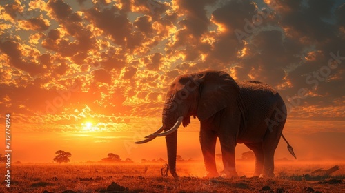 The Graceful Silhouette of an Elephant Under the Amber Glow of a Near Sunset Landscape.