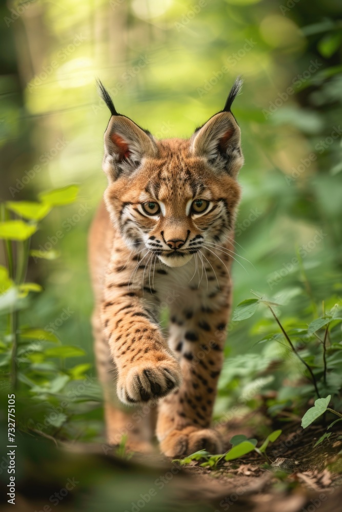 The Energetic Run of a Lynx Cub, Weaving Through the Forest's Embrace. The Energetic Run of a Lynx Cub, Weaving Through the Forest's Embrace.