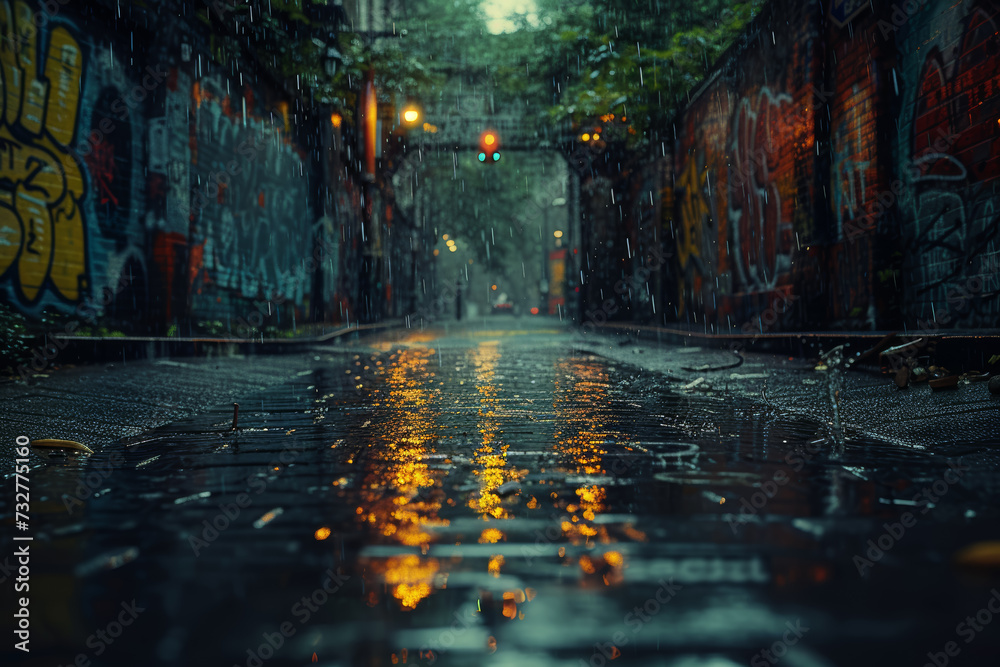 Naklejka premium A dark and moody urban alley with intriguing graffiti on the sides, leaving an empty center for text. Concept of gritty city art. Generative Ai.