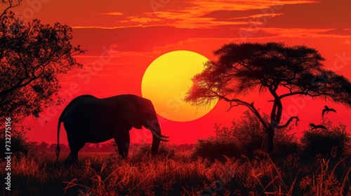 The Majestic African Elephant  Poised Under the Amber Caress of the Setting Sun.