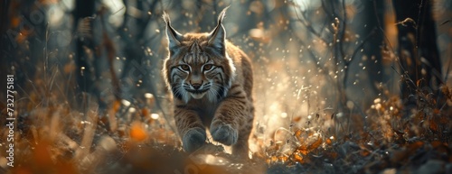 a young lynx animal running through a forest