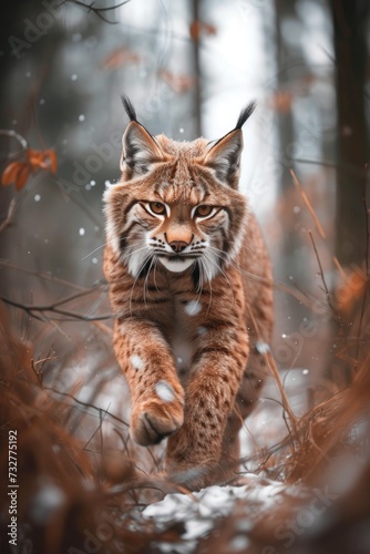 a young lynx animal running through a forest