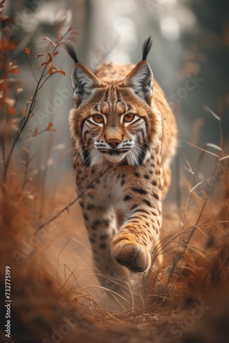 a young lynx animal running through a forest