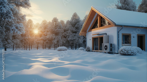 Heat pump with background house, snow, The outdoor component of the air conditioning system surrounded by snow during the winter season. Generative AI. © visoot
