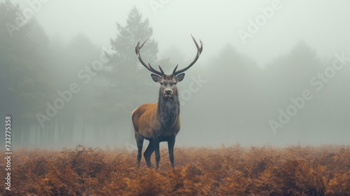 deer standing in front of trees in fog