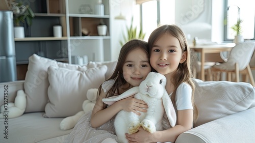 twin sisters as they hold the Easter bunny, where the juxtaposition of their youthful innocence with the sleek contemporary setting emphasizes the contrast between tradition and modernity.