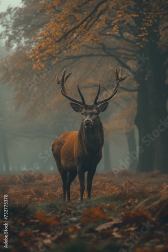 A Deer Stands Guard Before the Mist-Cloaked Trees, A Portrait of Calm in the Fog. © Landscape Planet