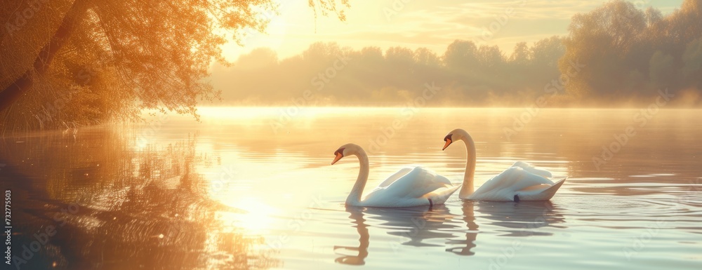 Fototapeta premium Two Swans Reflecting Beauty and Peace, Adrift on a Lake Under the Fall's Fading Light.